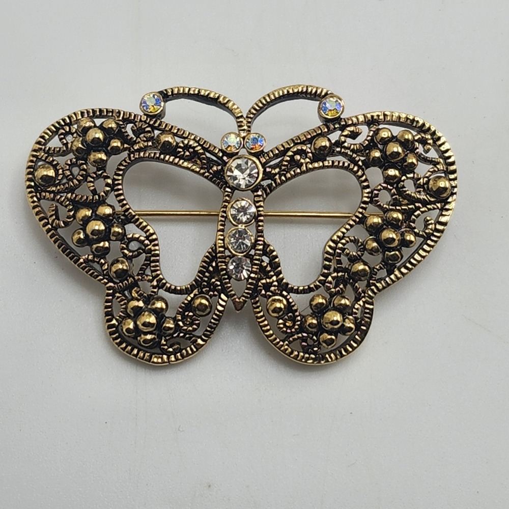 Vintage Art Deco Gold Tone Clear & Amber Glass Rhinestone Butterfly Brooch/ Pin